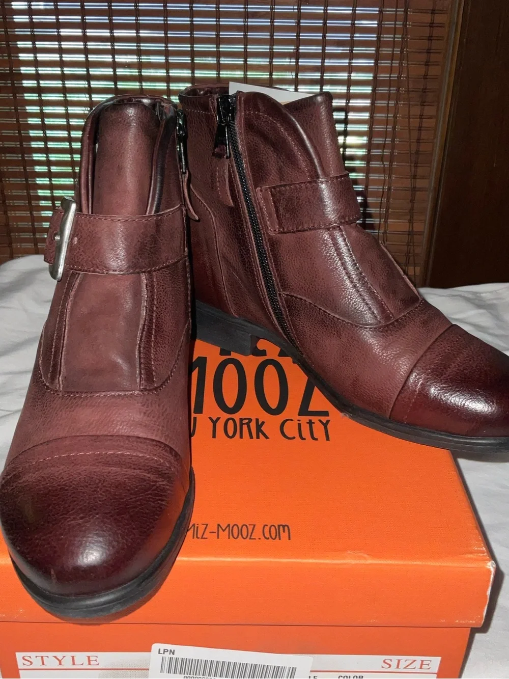 Miz Mooz Burgundy Leather Ankle Booties with Side Zip & Buckle